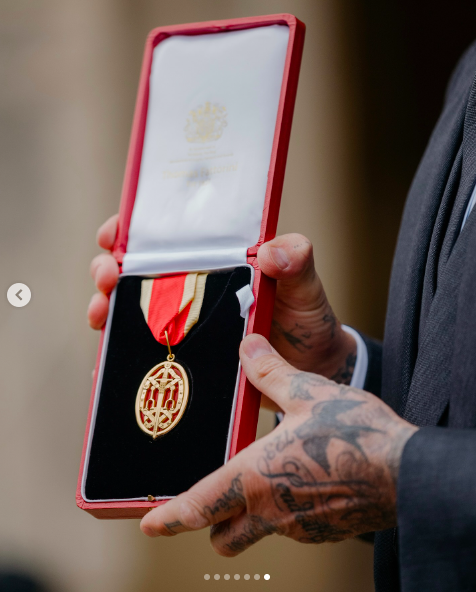 A close-up of David Beckham's medal received by the King of England, posted on November 4, 2025. | Source: Instagram/victoriabeckham