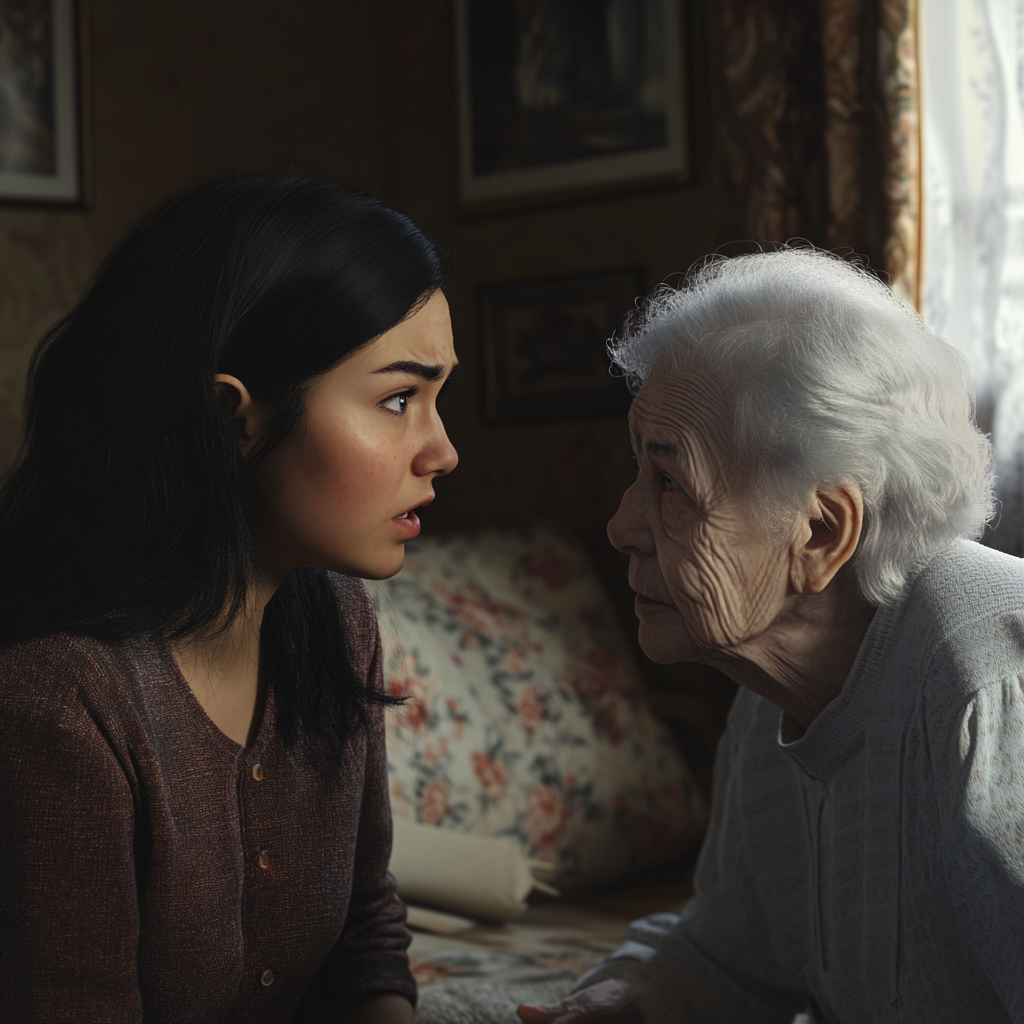 An upset woman talking to an elderly lady | Source: Midjourney