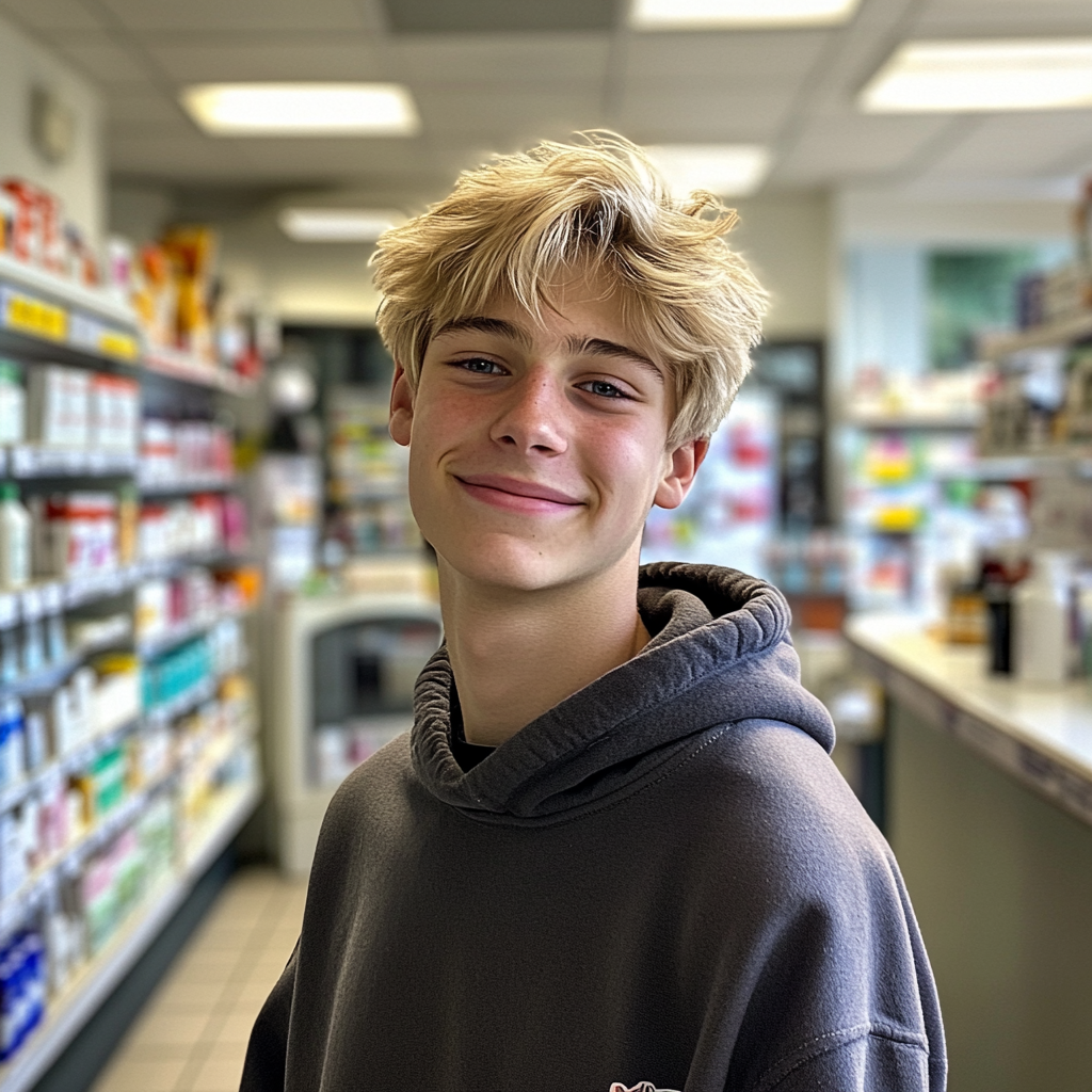 A smug teenage boy in a pharmacy | Source: Midjourney