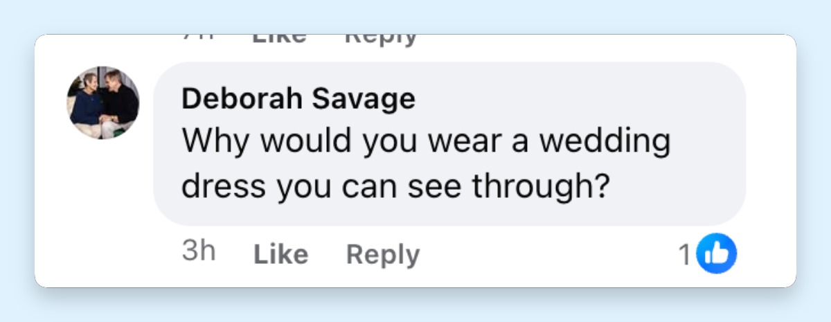 A netizen's comment about Ava Sambora's dress on her wedding on May 16, 2026 | Source: Facebook/Page Six