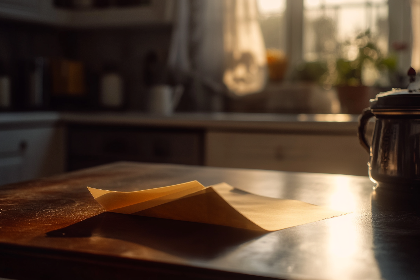 Um pedaço de papel dobrado sobre uma mesa de cozinha | Fonte: Midjourney