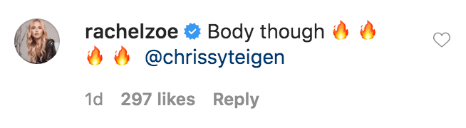Fashion designer Rachel Zoe commented in a photo of Chrissy Teigen walking a runway in a bikini | Source: Instagram.com/chrissyteigen
