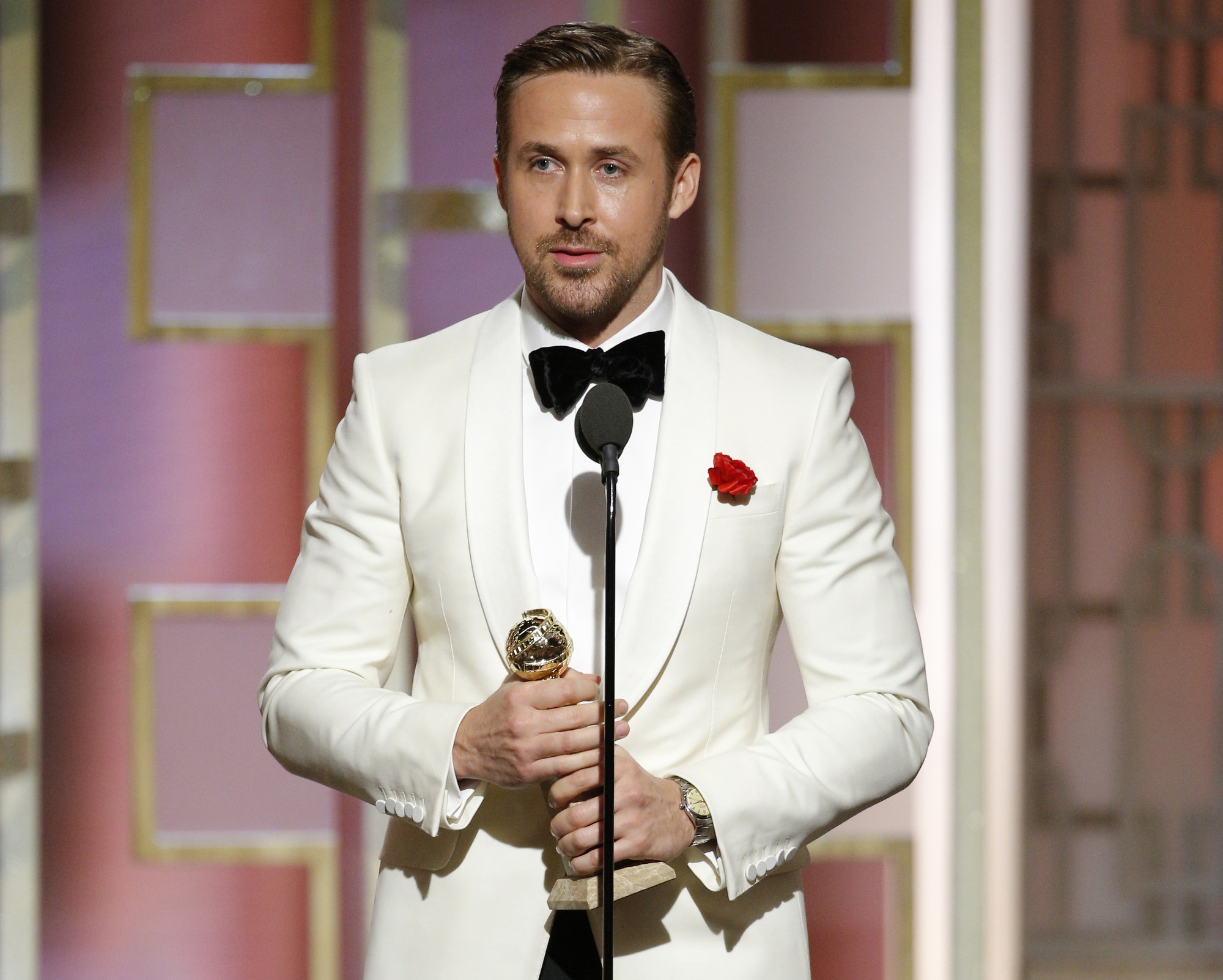 Ryan Gosling accepts the award for Best Actor in a Motion Picture - Musical or Comedy for his role in "La La Land" during the 74th Annual Golden Globe Awards at The Beverly Hilton Hotel in Beverly Hills, California on January 8, 2017. | Source: Getty Images