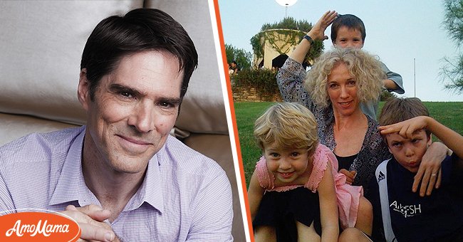 Thomas Gibson poses at a portrait session during the 2011 Monte Carlo Television Festival held at the Grimaldi Forum on June 9, 2011 [left], Thomas Gibson's ex wife, Cristina Siri Chandra Kaur and his children in a heartwarming picture [right] | Source: Getty Images