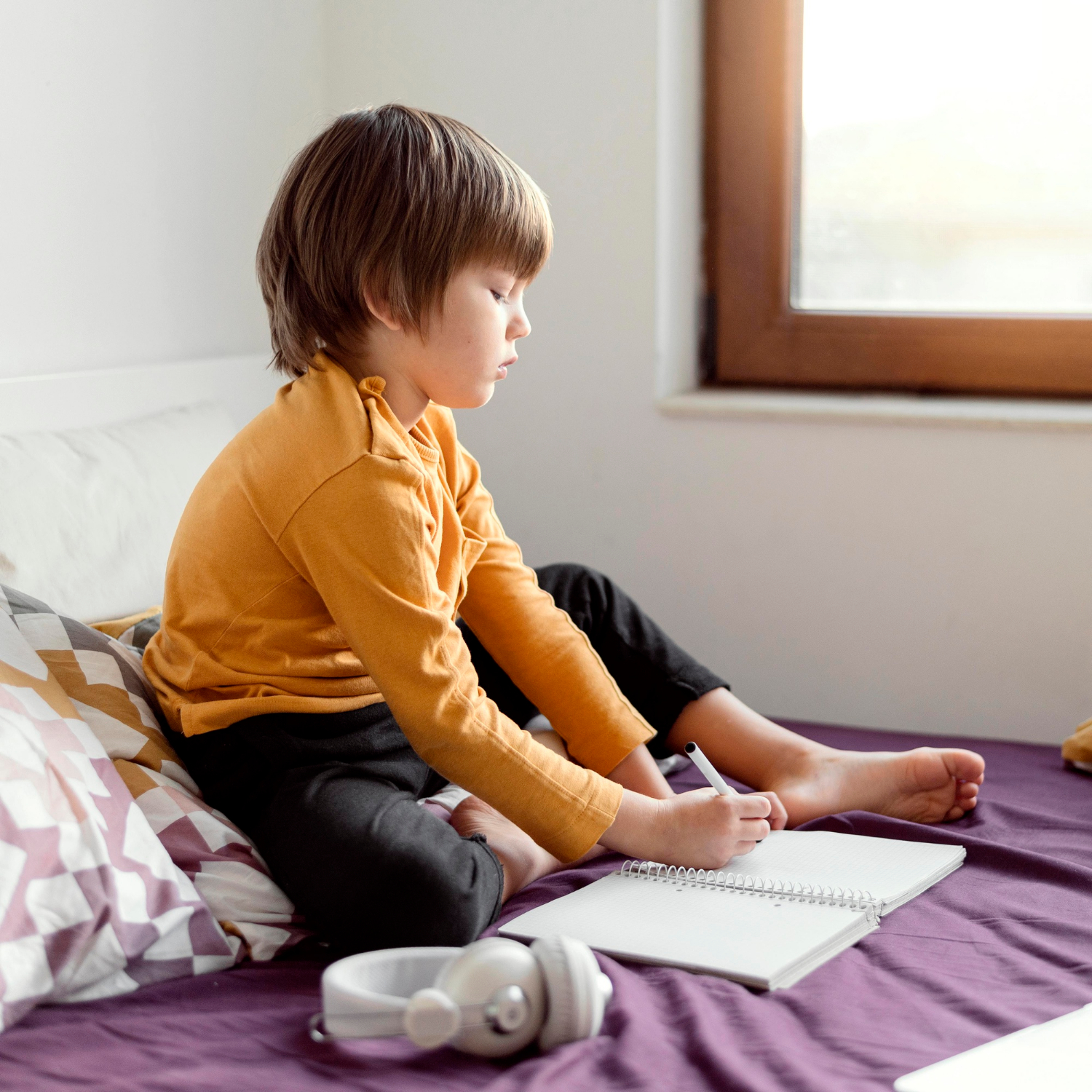 A sad young boy sitting on his bed | Source: Freepik