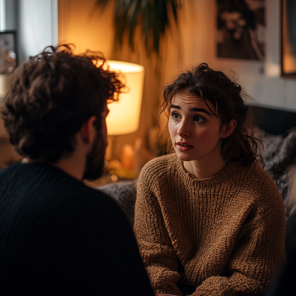 A concerned woman talking to her husband | Source: Midjourney