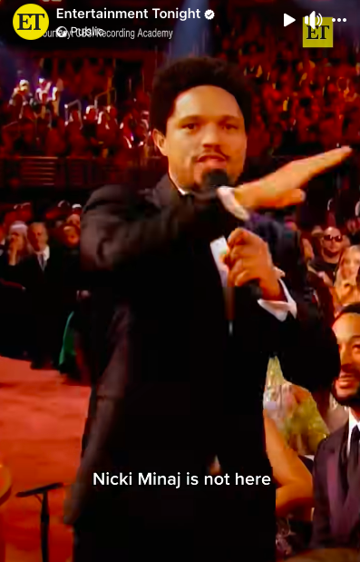 Trevor Noah announcing Nicki Minaj's absence at this year's Grammys, posted on February 2, 2026. | Source: Facebook/Entertainment Tonight