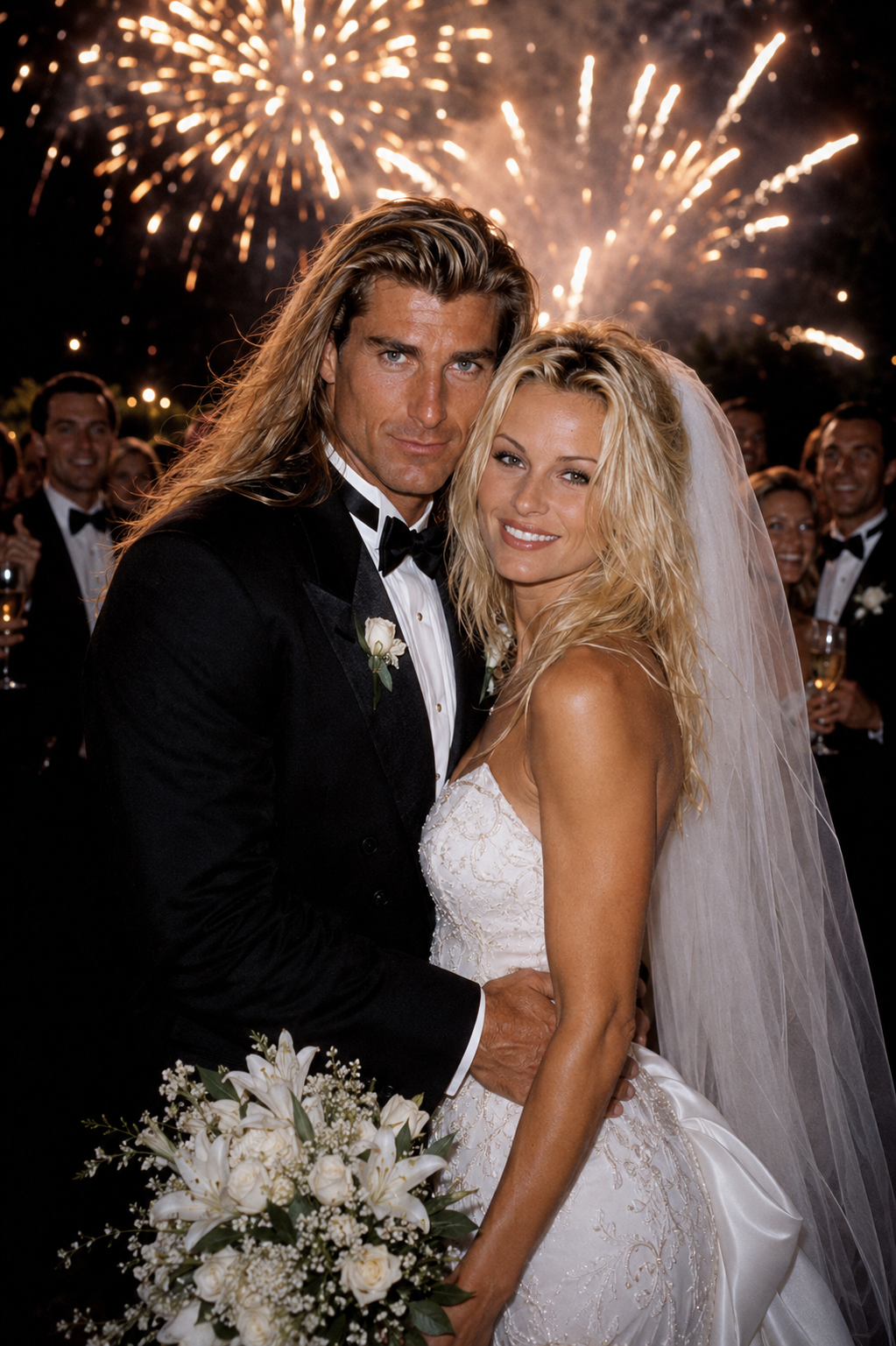 An AI creation depicts Fabio and Pamela Anderson as newlyweds celebrating with fireworks bursting behind them, reminiscent of a lavish late 1990s celebrity wedding. | Source: ChatGPT