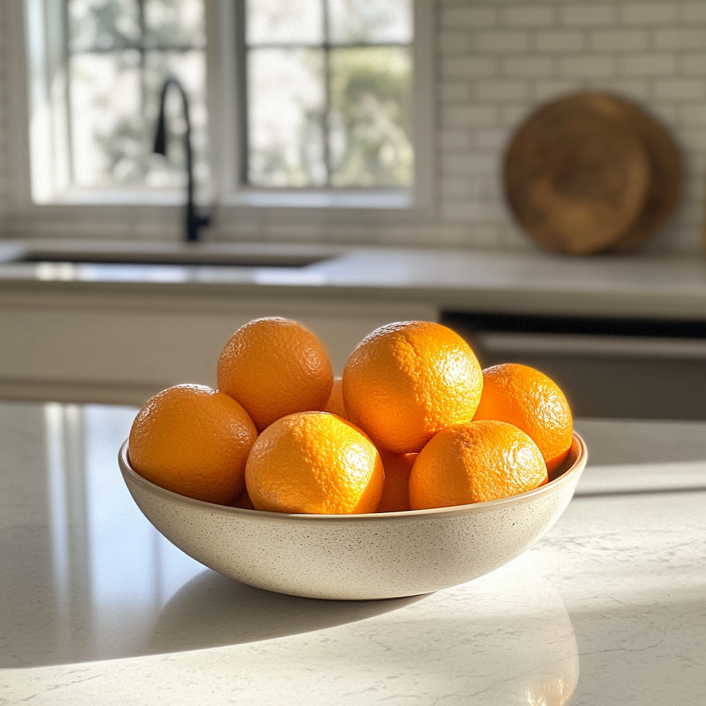 A bowl of oranges on a counter | Source: Midjourney