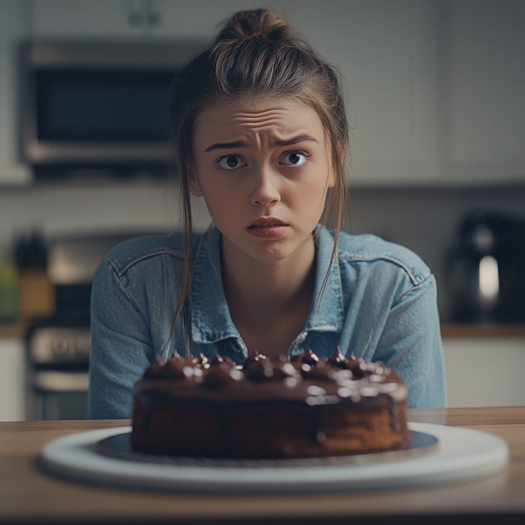 A sad girl looking at the cake | Source: Midjourney