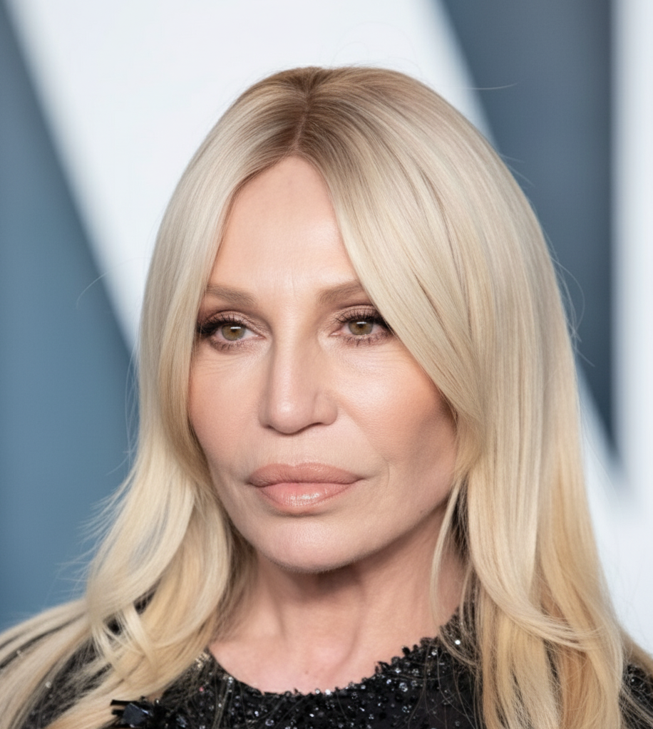 This image reimagines Donatella Versace, 67, at the Vanity Fair 2023 party if she'd never had cosmetic work. She appears with softer, less elevated cheekbones, natural lip volume, and subtle fine lines. | Source: Gemini