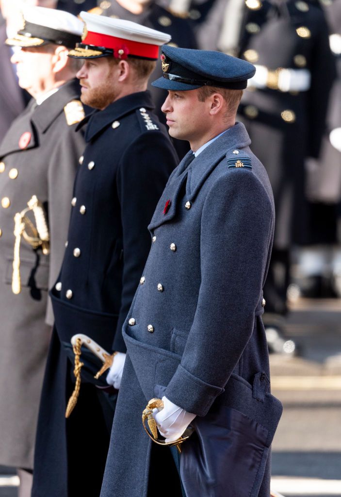 Prince William, Duke of Cambridge and Prince Harry, Duke of Sussex, at the annual Remembrance Sunday memorial at The Cenotaph in London, England | Photo: Mark Cuthbert/UK Press via Getty Images