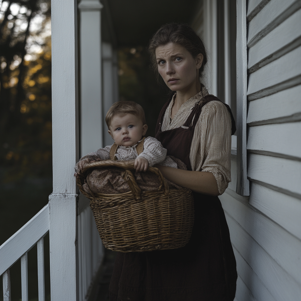 A woman holding a baby in a basket | Source: Midjourney