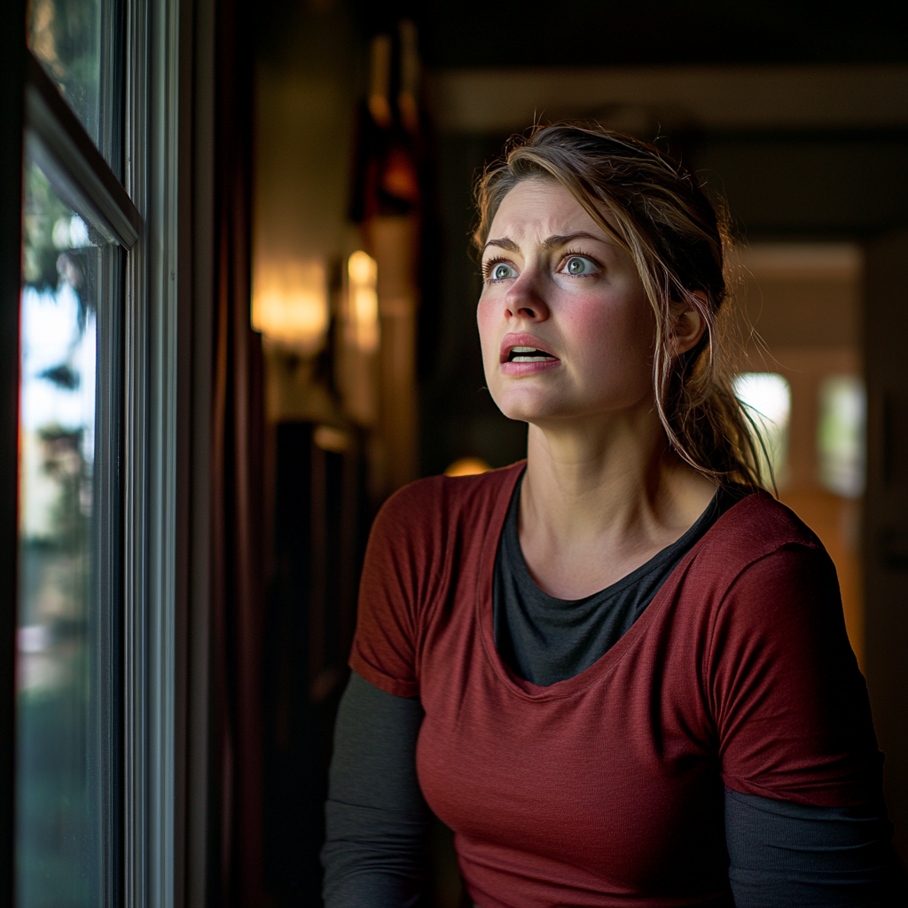 A woman is horrified while looking out the window of her room | Source: Midjourney