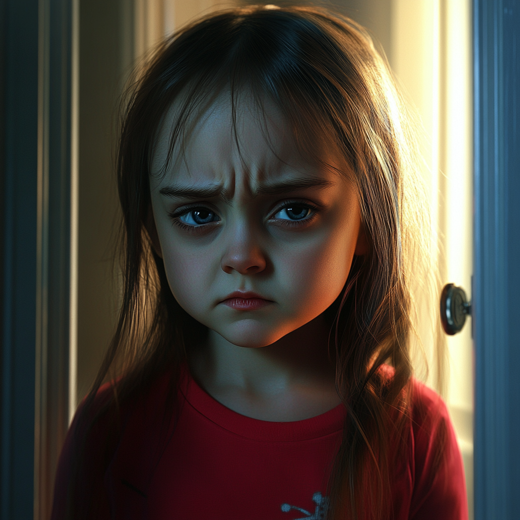 A heartbroken little girl standing at the doorway | Source: Midjourney