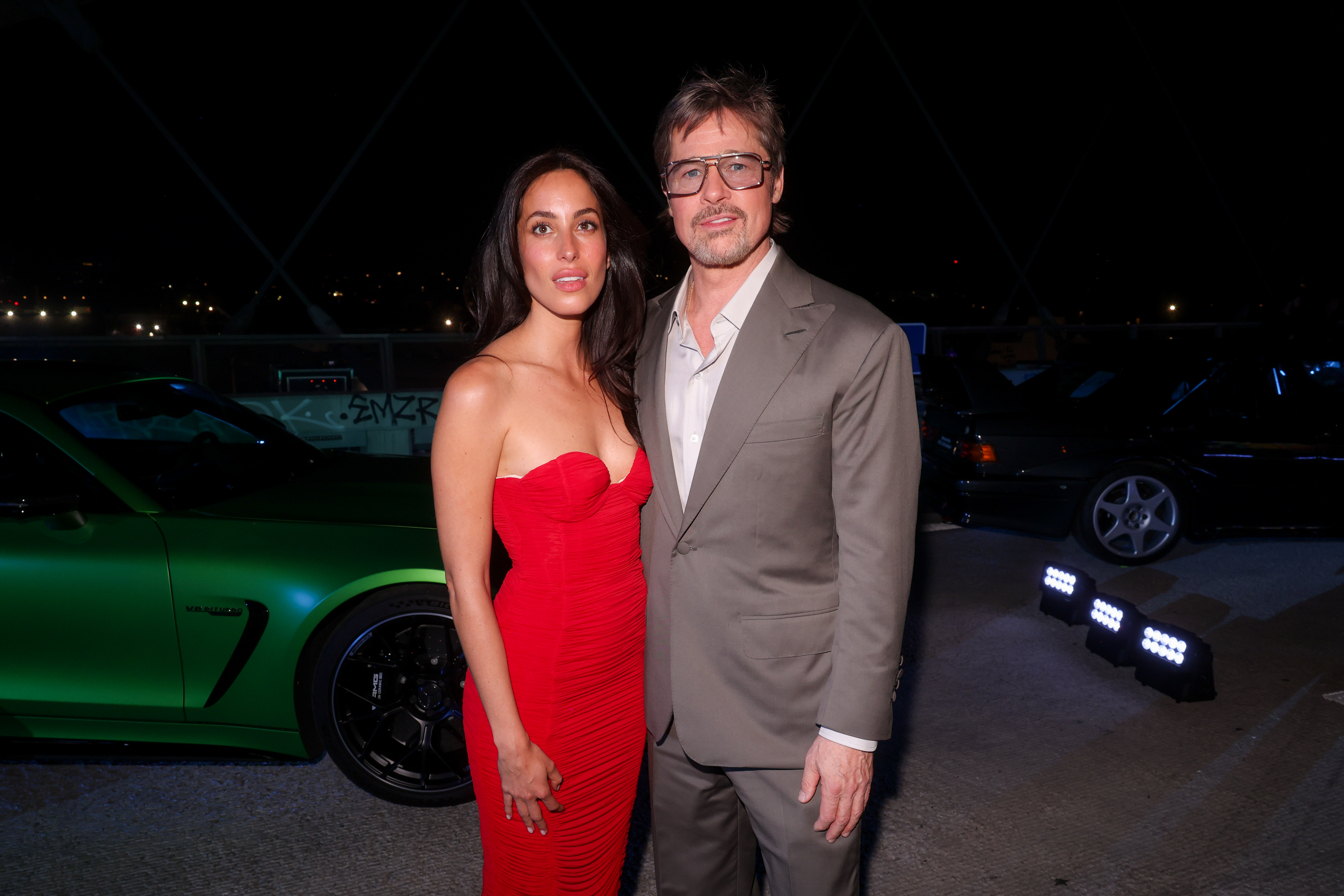 Ines de Ramon and Brad Pitt at the Mercedes-AMG World Premiere held at Sixth Street Bridge on May 19, 2026 in Los Angeles, California. | Source: Getty Images