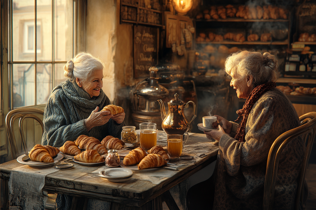 Two older ladies chatting in a bakery | Source: Midjourney