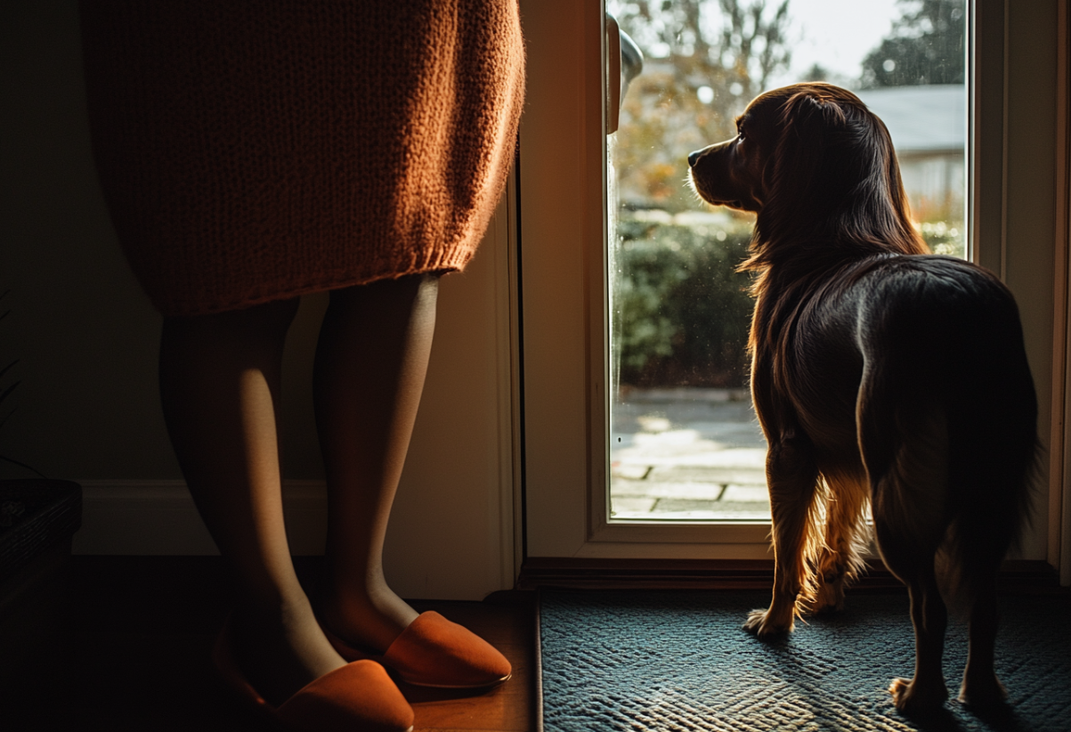 A woman standing near her back door | Source: Midjourney