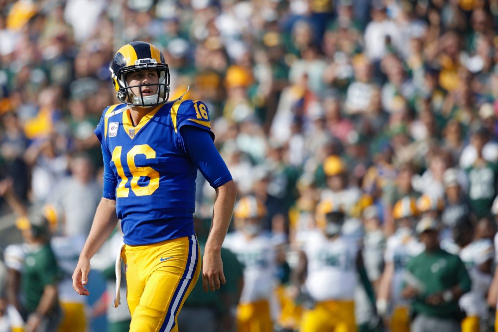 Jared Goff during the game against the Green Bay Packers at Los Angeles Memorial Coliseum in Los Angeles, California, in October 2018. Image: Getty Images.