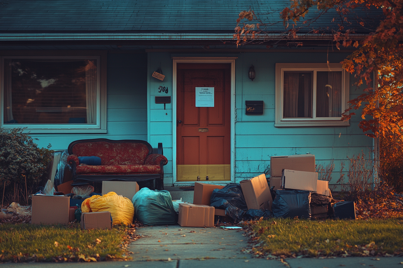 A front yard with furniture, boxes, and bags | Source: Midjourney