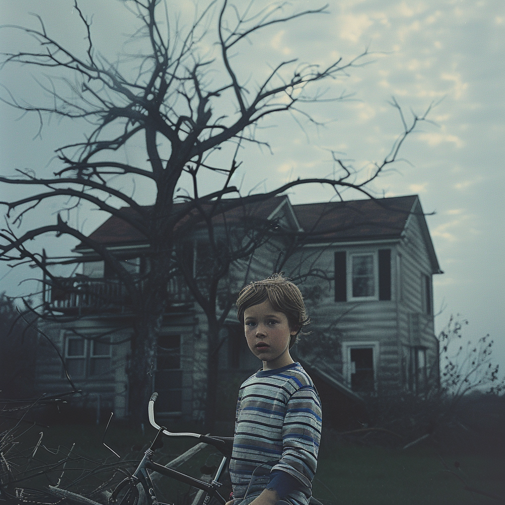 A boy with his bicycle standing in front of a creepy house
