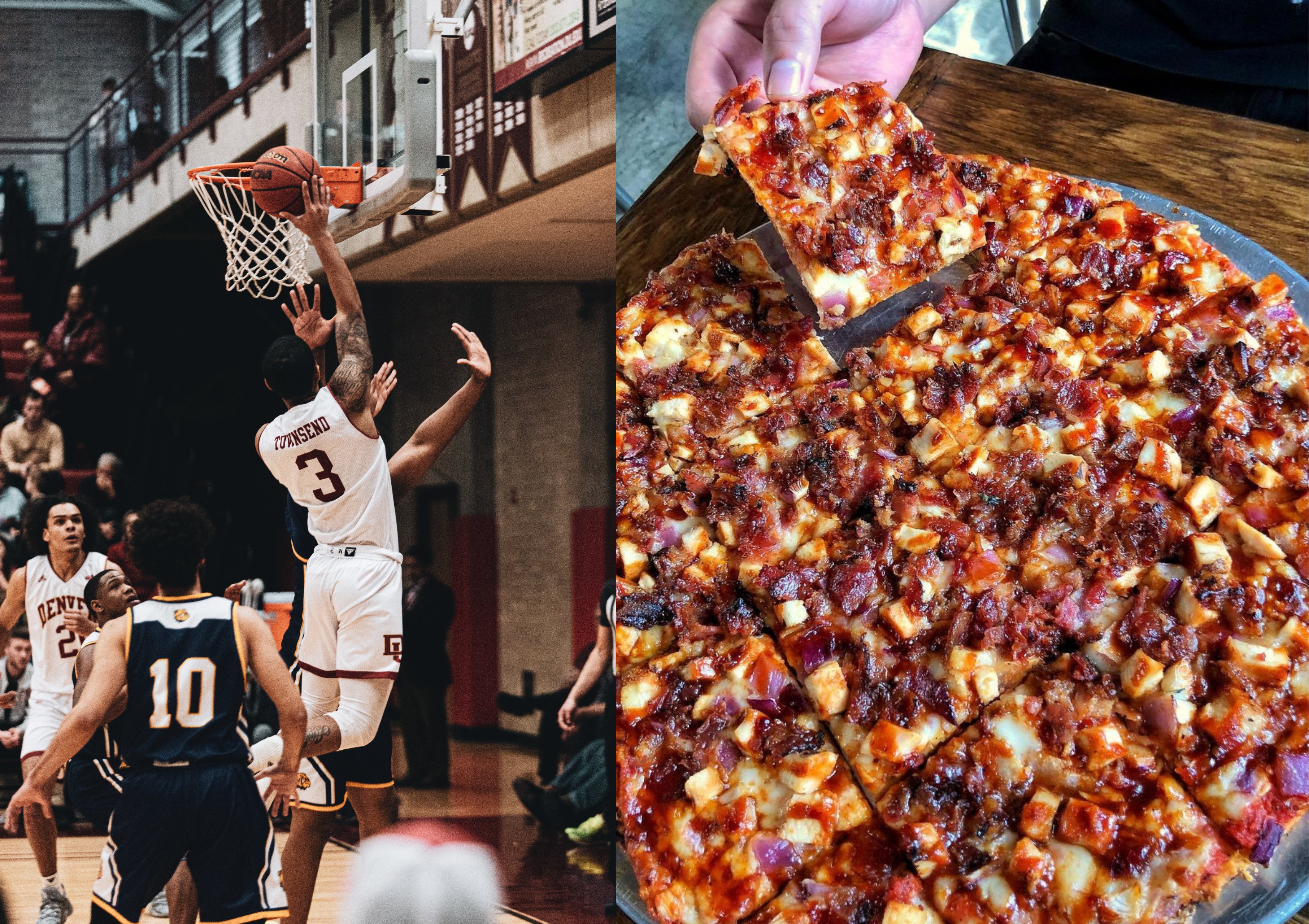 Basketball player jumping for a layup alongside BBQ Chicken Pizza | Source: Unsplash - Unsplash
