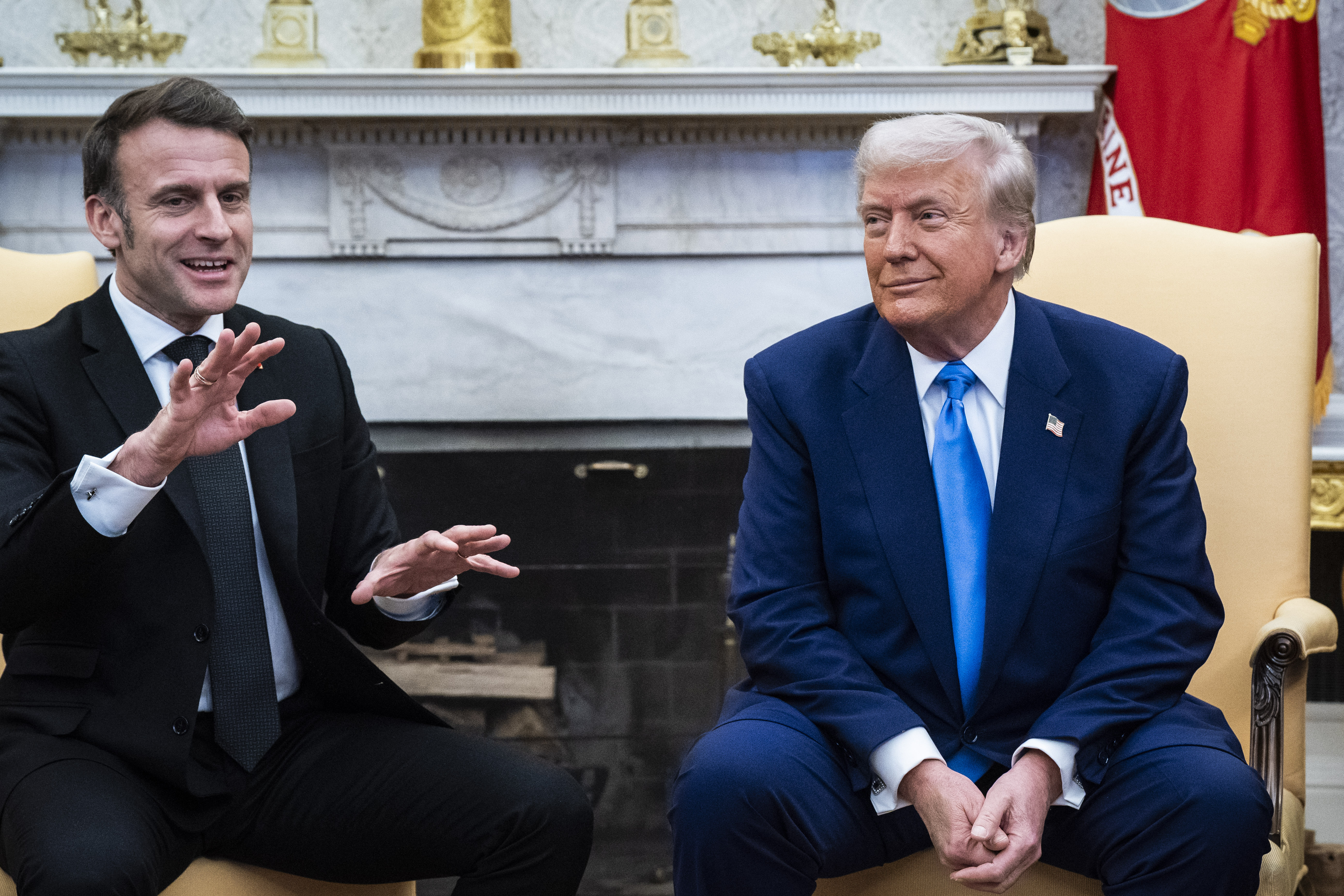 President Donald Trump with French President Emmanuel Macron in the Oval Office at the White House on February 24, 2025, in Washington, D.C. | Source: Getty Images