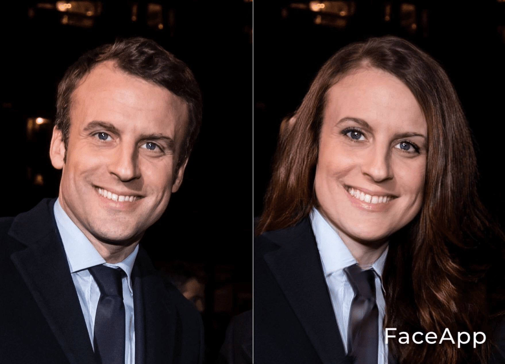 Le Président Emmanuel Macron en femme. l Source : Getty Images/Face App Le Président Emmanuel Macron en femme. l Source : Getty Images/Face App