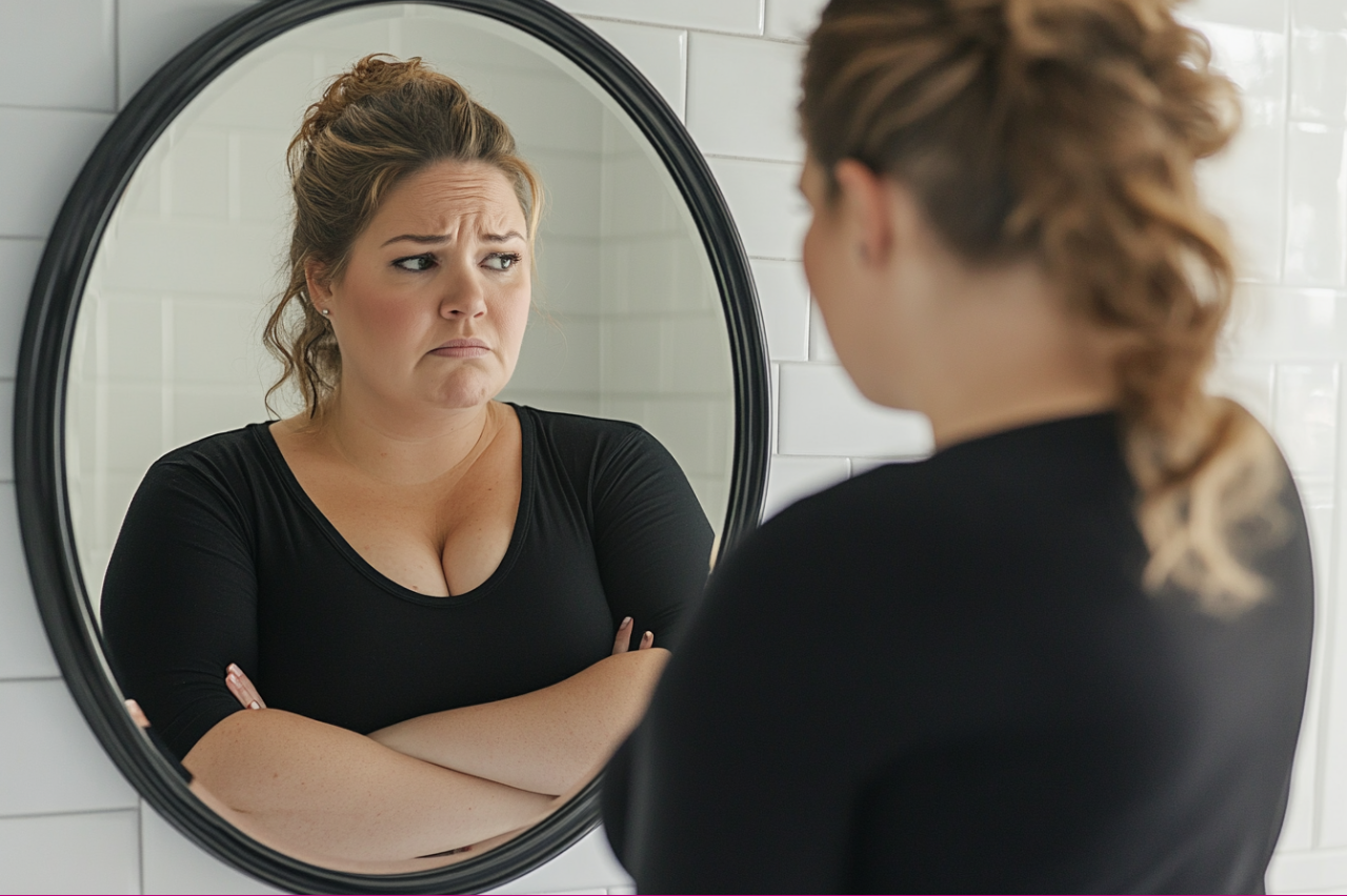 A woman sadly looking into a mirror | Source: Midjourney