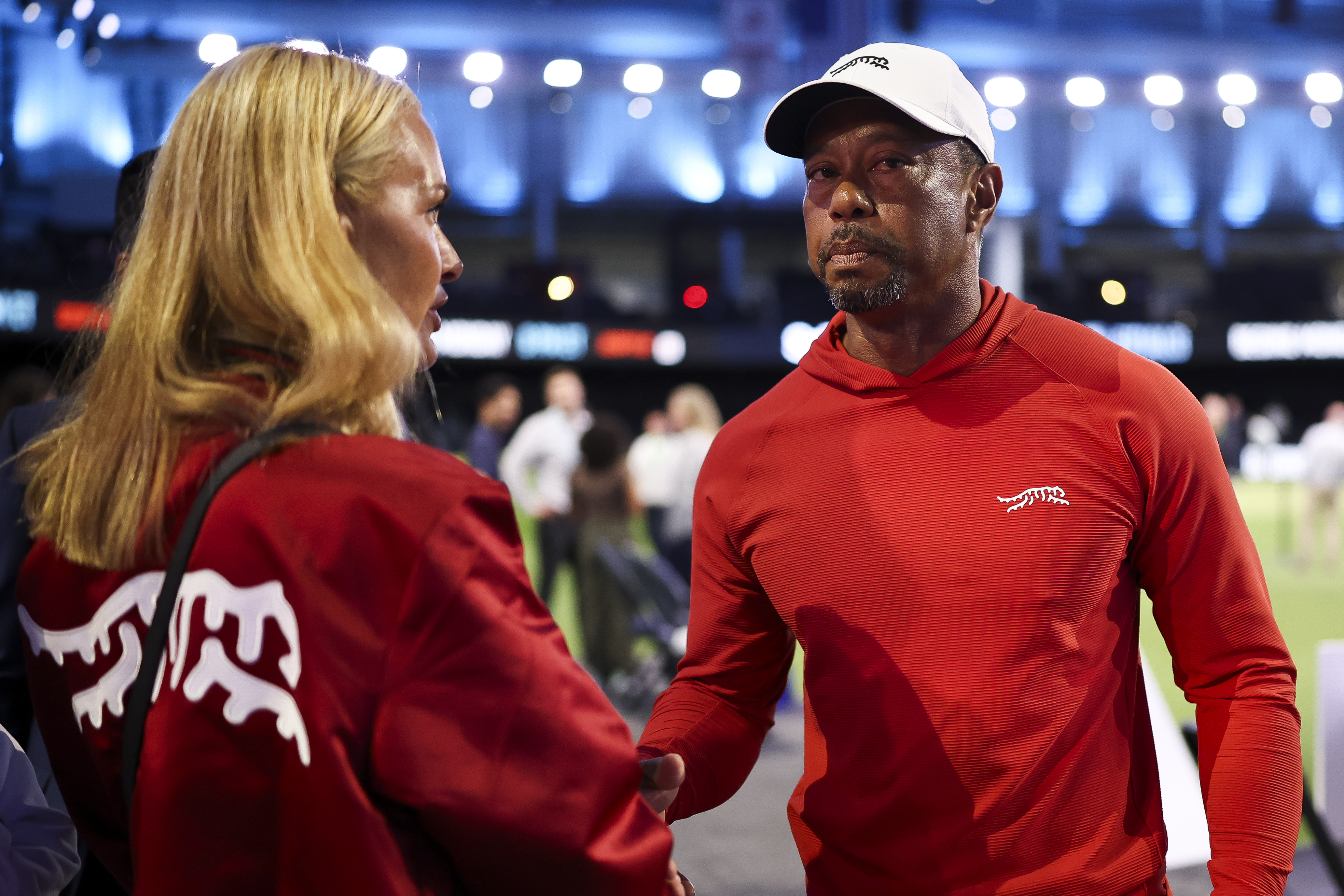 Tiger Woods talks with Vanessa Trump after a match against Boston Common Golf at SoFi Center on March 17, 2026 | Source: Getty Images