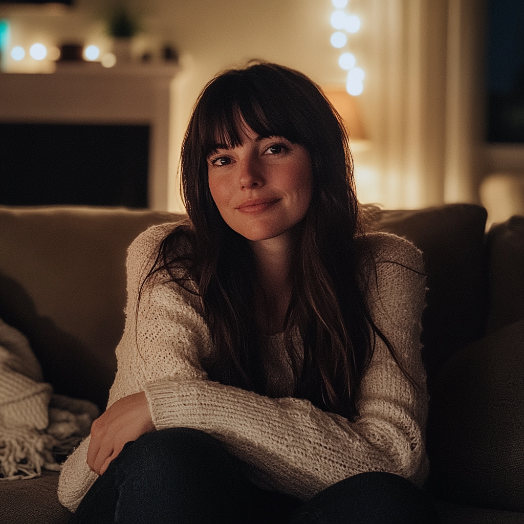 A smiling woman sitting on a couch | Source: Midjourney