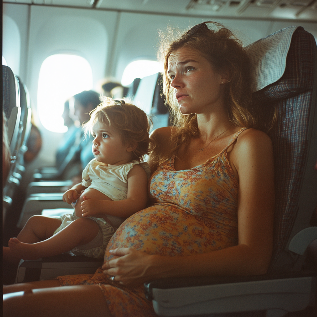 An agitated pregnant woman with a toddler in her lap | Source: Midjourney