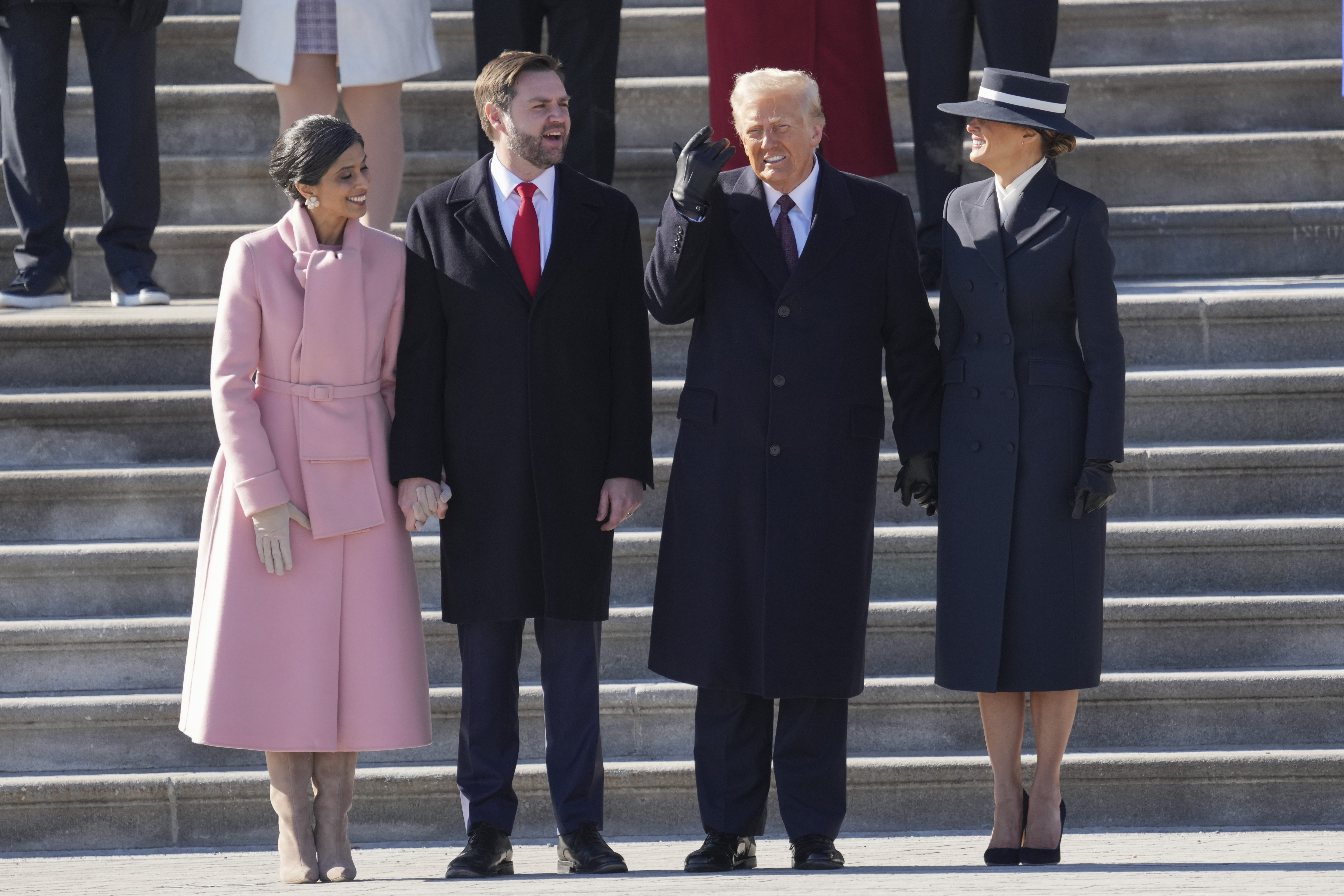 Second lady Usha Vance, U.S. Vice President J.D. Vance, U.S. President Donald Trump and first lady Melania Trump during a  departure ceremony for former U.S. President Joe Biden and former U.S. Vice President Kamala Harris on January 20, 2025 in Washington, D.C. | Source: Getty Images