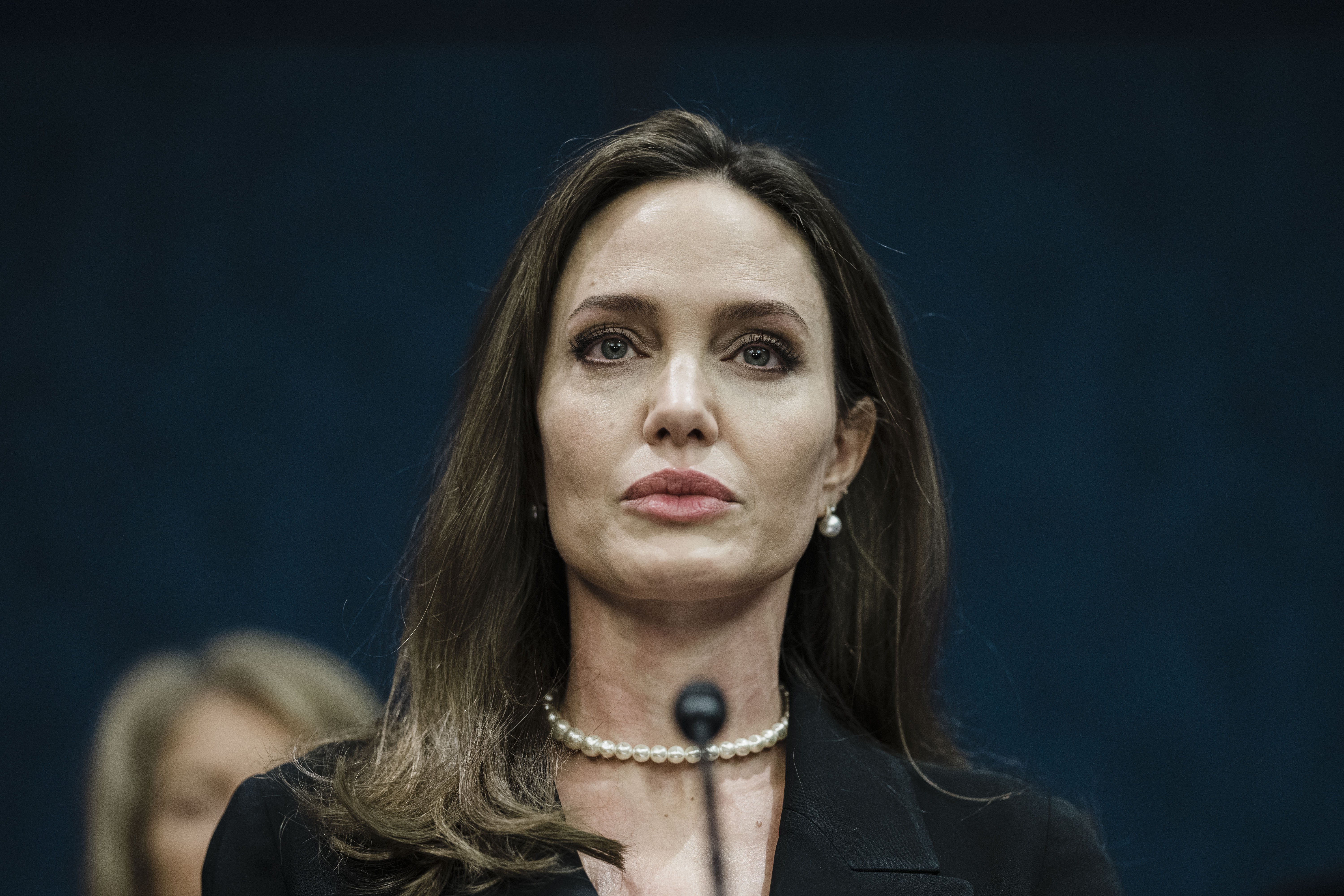 Angelina Jolie speaks during a news conference on the bipartisan modernized Violence Against Women Act (VAWA) on Capitol Hill in Washington, DC on February 9, 2022. | Source: Getty Images