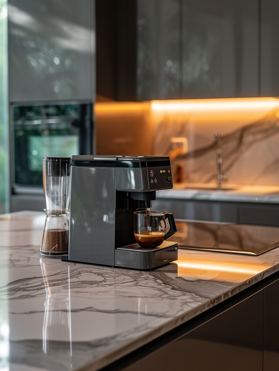 A coffee machine on a counter | Source: Midjourney