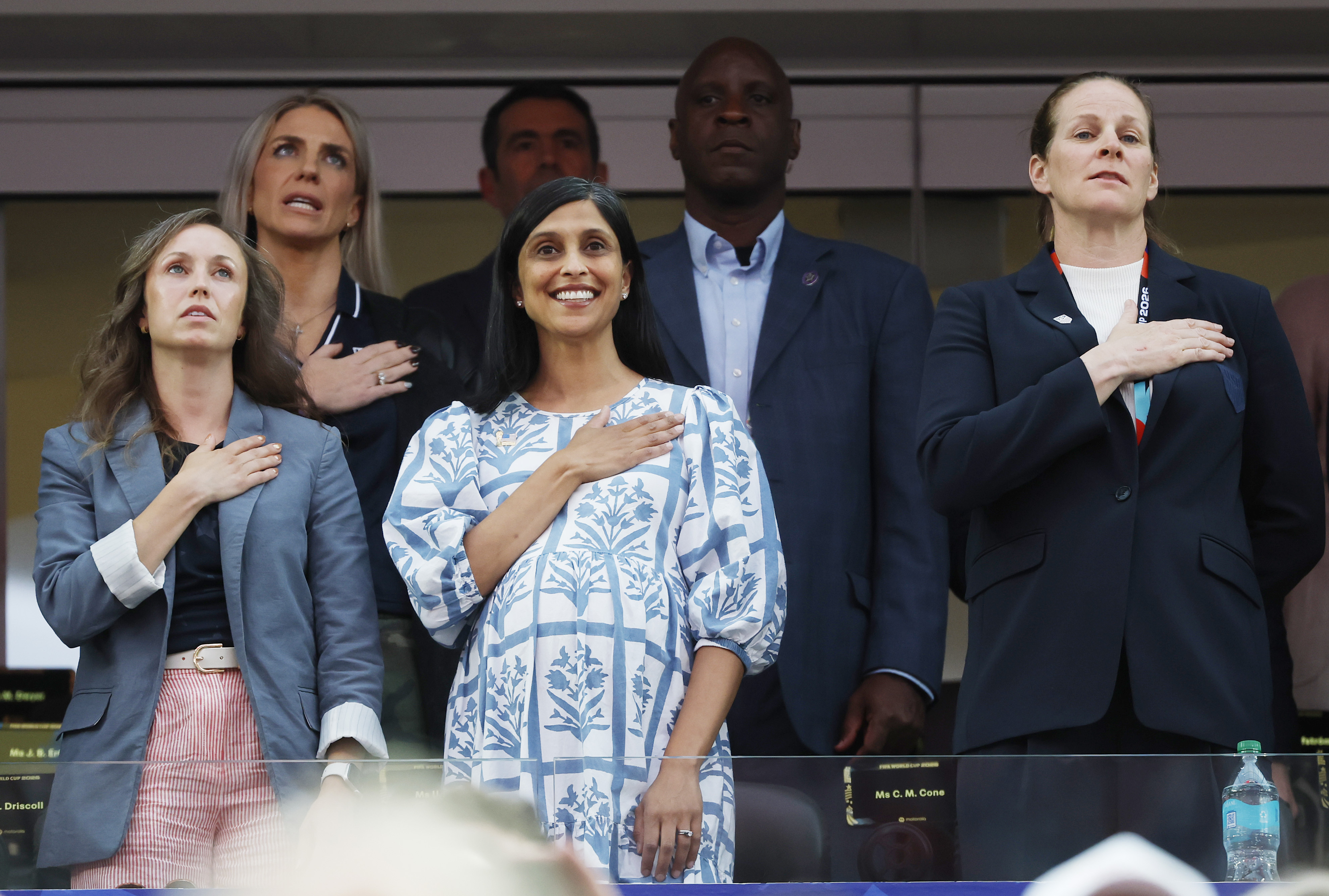 Kamala Harris wasn't the only politician present at the game. Second Lady Usha Vance can be seen standing for the national anthem before the United States played Turkiye during a FIFA World Cup match at Los Angeles Stadium in Inglewood, California, on June 25, 2026. | Source: Getty Images