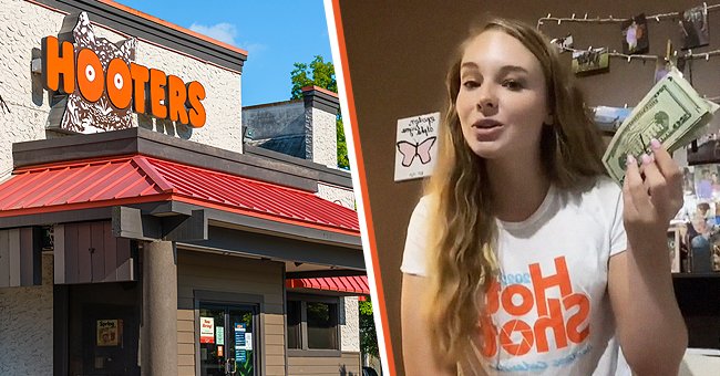 Photo of a Hooters diner and a Hooters waitress, Kirsten Songer | Photo:   shutterstock    tiktok.com/@theflathootersgirl 