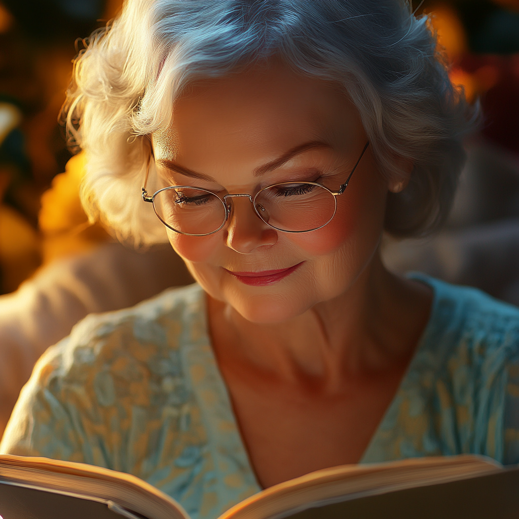 A smiling older woman reading a book | Source: Midjourney