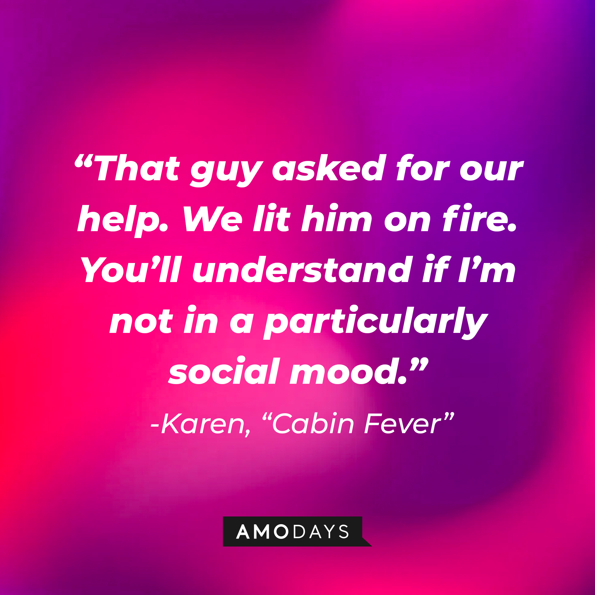 Karen's quote from "Cabin Fever:" “That guy asked for our help. We lit him on fire. You’ll understand if I’m not in a particularly social mood.” | Source: AmoDays