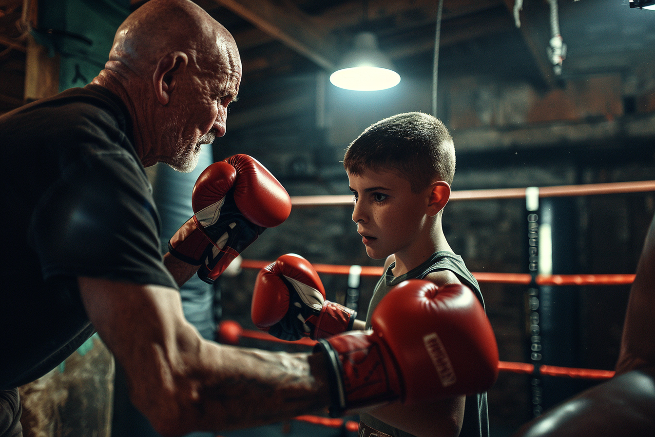 A man coaching a boy in a boxing ring | Source: Midjourney