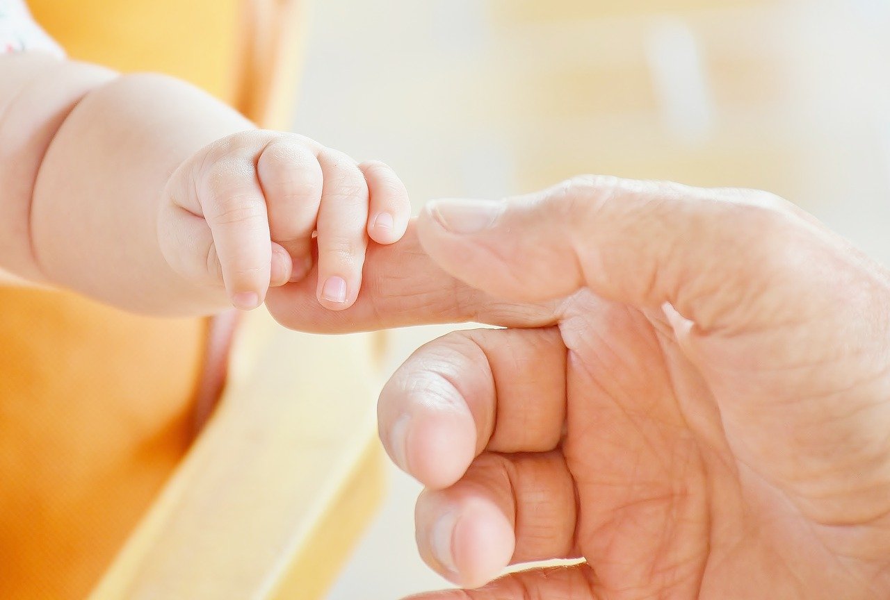 Bebé toca el dedo de un adulto. | Foto: Pixabay