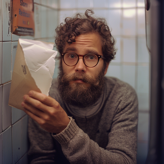 A worried-looking man holding an envelope while seated on a toilet | Source: Midjourney