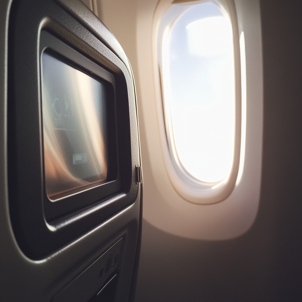 A screen at the back of an airplane seat | Source: Midjourney