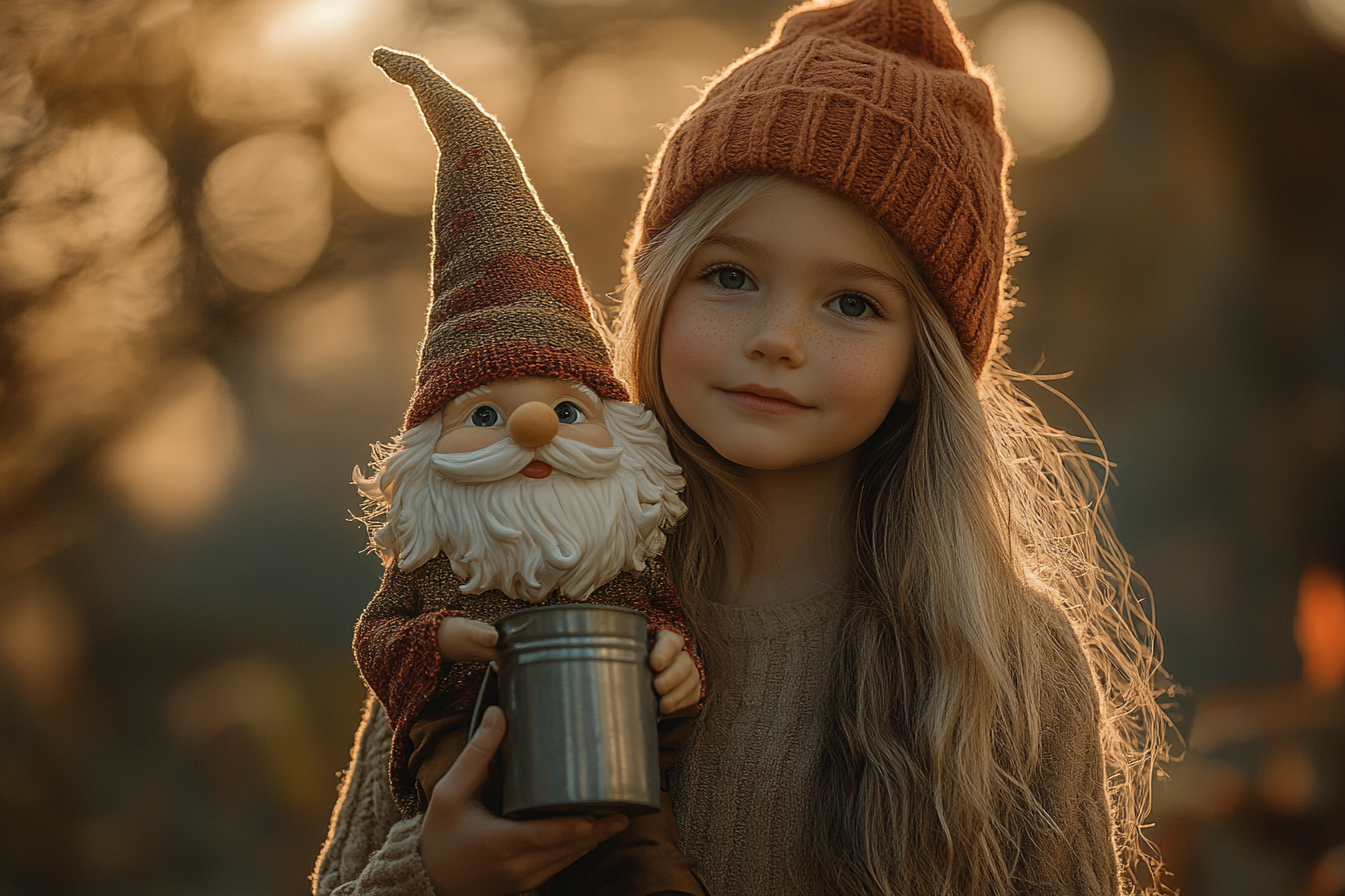 A little girl holding a cute garden gnome | Source: Midjourney