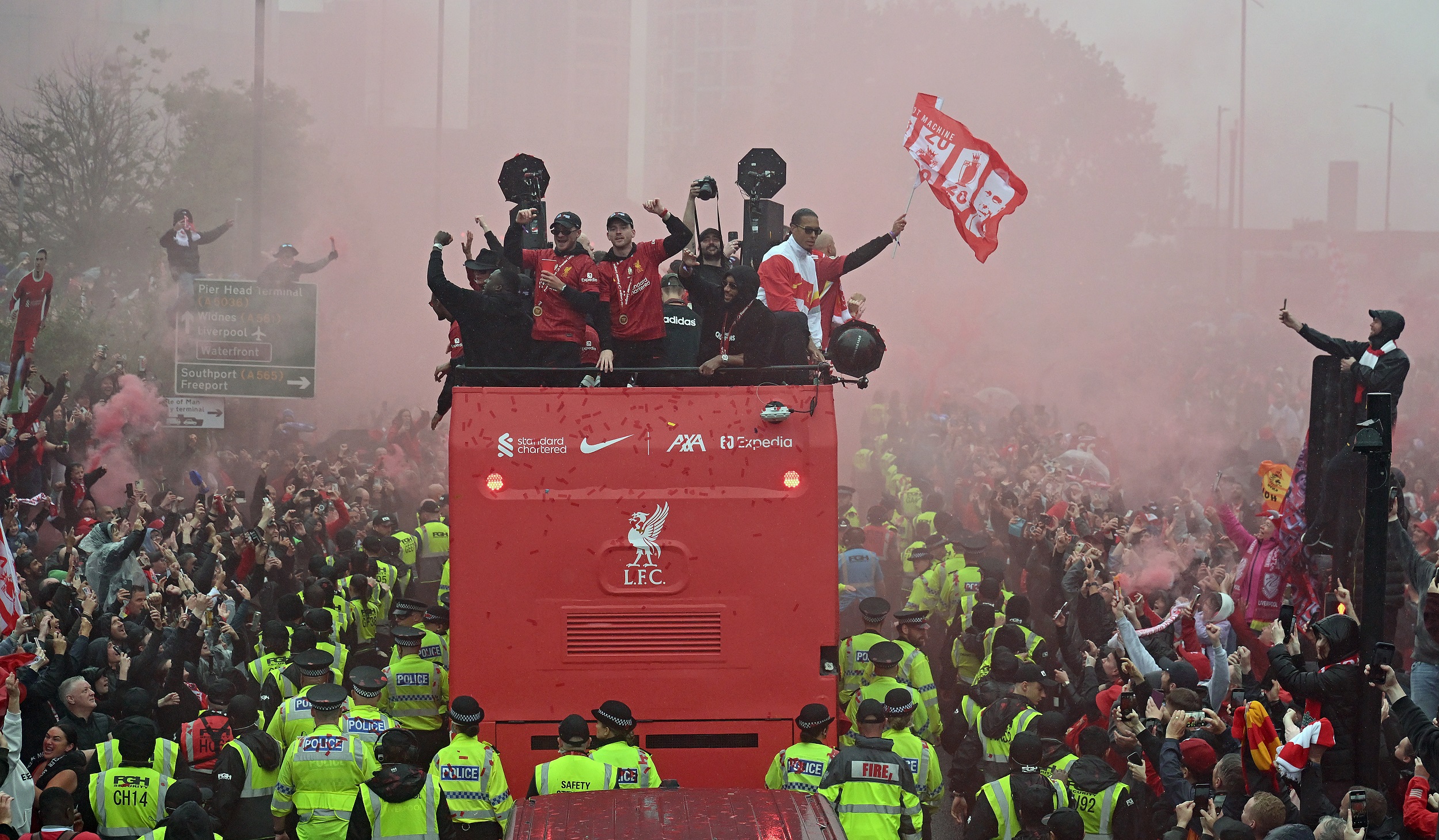 Liverpool players during the Premier League Trophy Parade in Liverpool, England on May 26, 2025 | Source: Getty Images