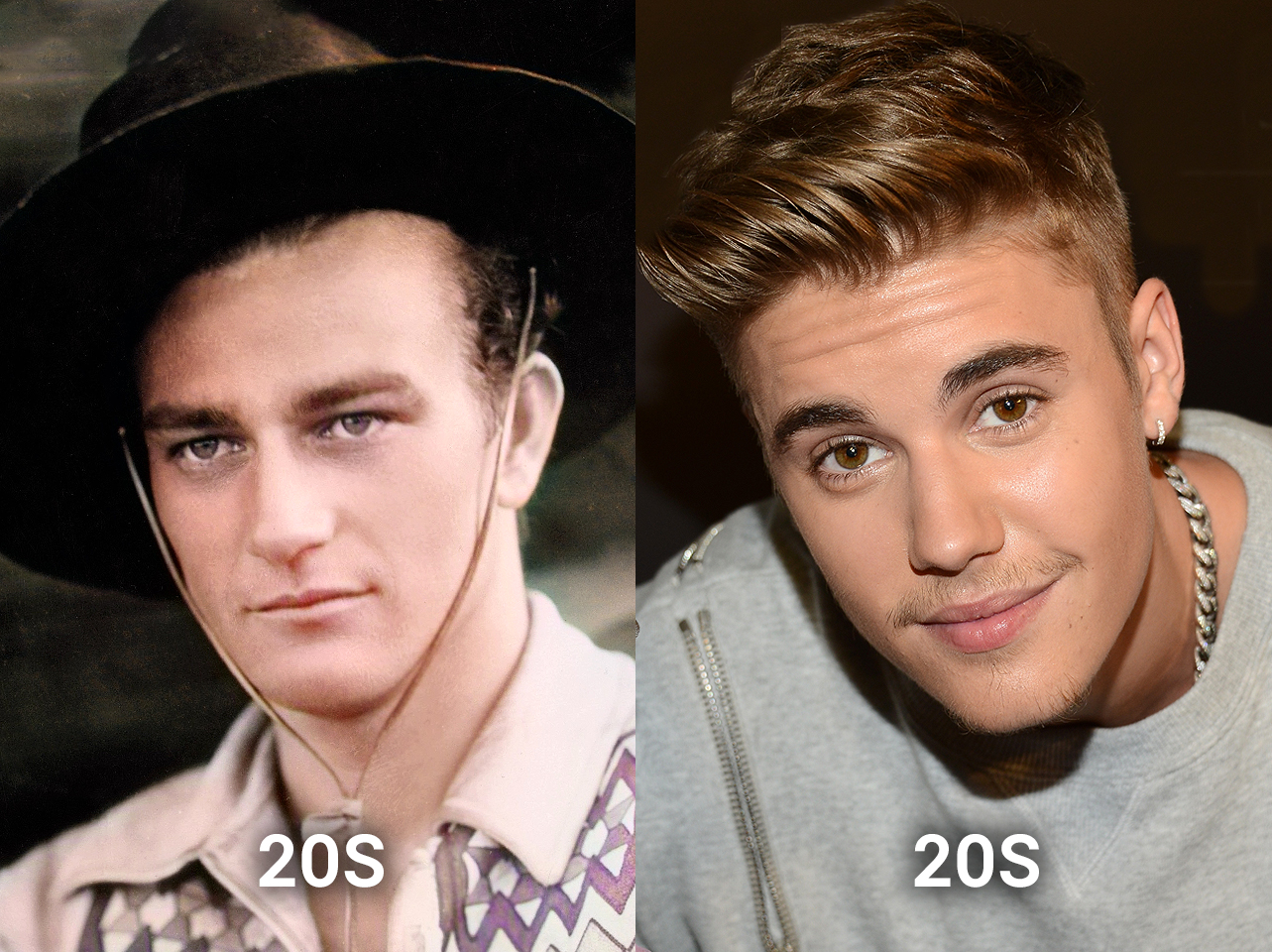 John Wayne [Left]. Justin Bieber [Right] | Source: Getty Images