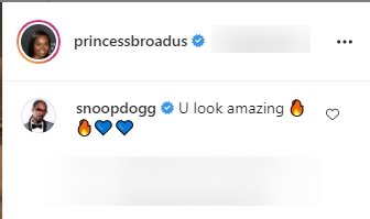 Snoop Dogg's comment on Cori Broadus's picture wearing all white. | Photo: Instagram/Princessbroadus