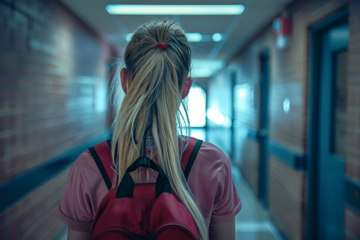 A schoolgirl in a hallway | Source: Midjourney
