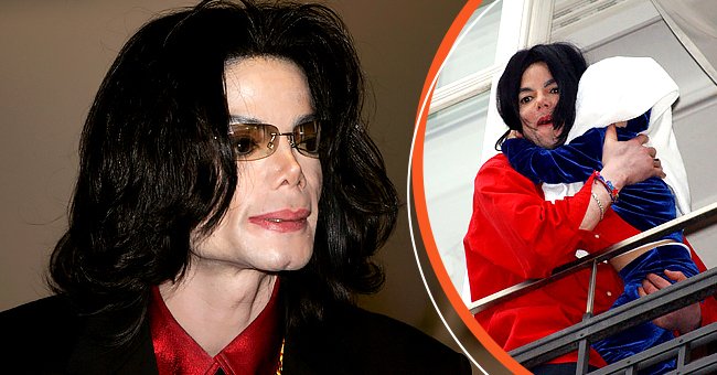 Michael Jackson leaves court after the day's proceedings in his child molestation trial on May 4, 2005, in California, and Jackson holds his nine-month-old son, Prince Michael II, over the balcony of the Adlon Hotel on November 19, 2002, in Berlin, Germany | Photos: Hector Mata-Pool and: Olaf Selchow/Getty Images