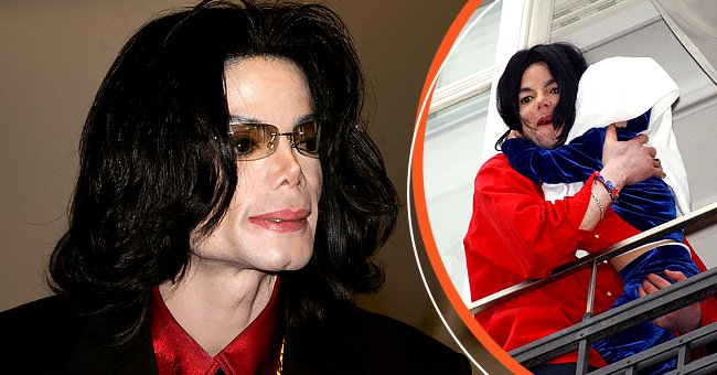 Michael Jackson quitte le tribunal après la journée de son procès pour pédophilie le 4 mai 2005, en Californie, et Jackson tient son fils de neuf mois, Prince Michael II, au-dessus du balcon de l'hôtel Adlon le 19 novembre 2002, à Berlin, Allemagne |  Photos : Hector Mata-Pool et : Olaf Selchow/Getty Images